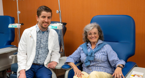 Photo of David Hunter, MD, (left) and his patient Terrie Frankel (right). (Photo by UTHealth Houston)